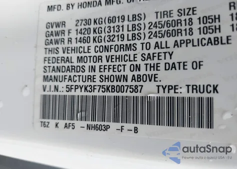 2019 Honda Ridgeline Rtl-E z USA, uszkodzony, nr VIN 5FPYK3F75KB007587